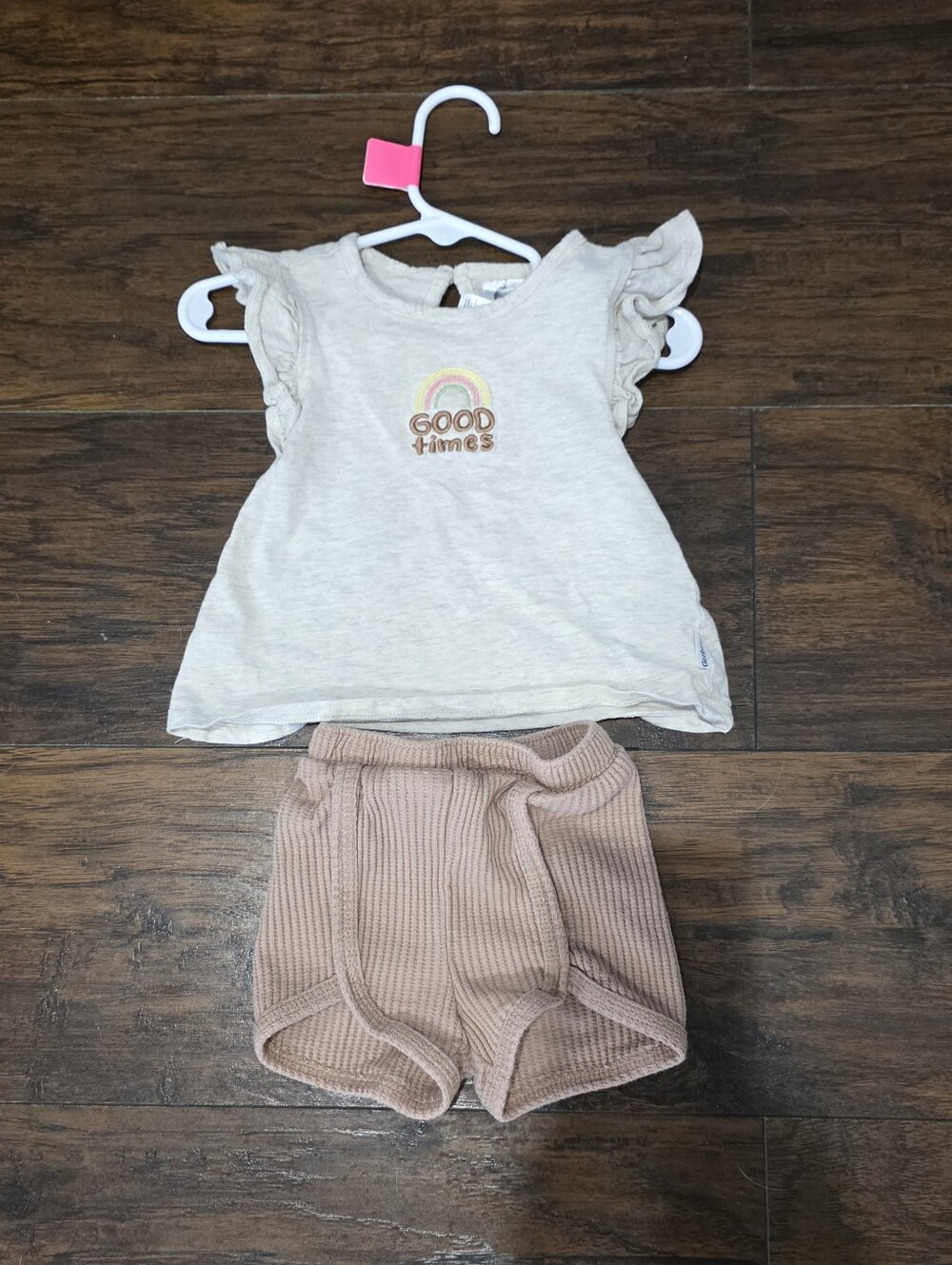 Girls 18M Neutral Cream Top and Dusty Pink Ribbed Shorts Set